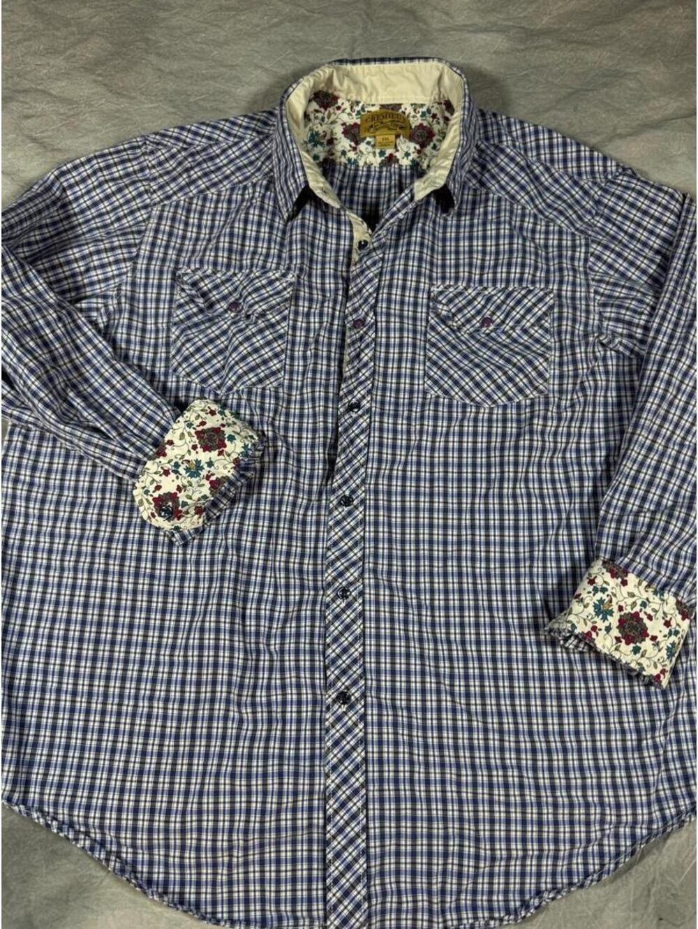 Cremieux Premium Denim Plaid Shirt XXL Floral Cuff Long Sleeve Button Down